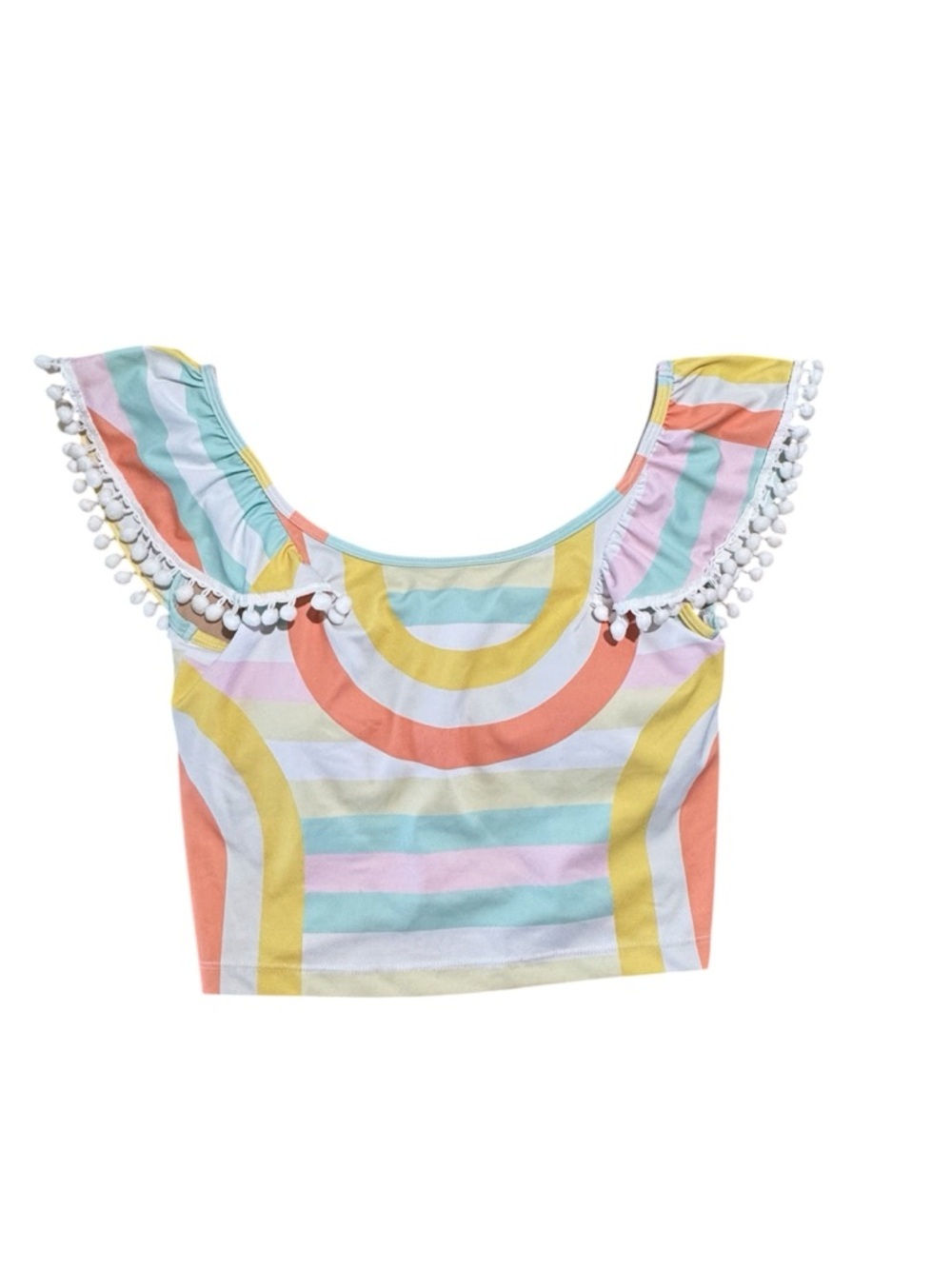 Kortni Jeane Rainbow Pastel Pom Pom Wide Strap Bikini Tankini Flounce Top Medium